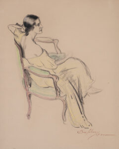 Yellow DressPastel on paper, 25 x 19 inches. 1930
Ben Solowey portrait of wife Rae seated on French love seat on brown paper.